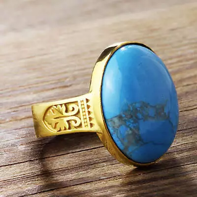 Men's Turquoise 10k Gold Ring Natural Blue Stone Art Deco Ring • $389