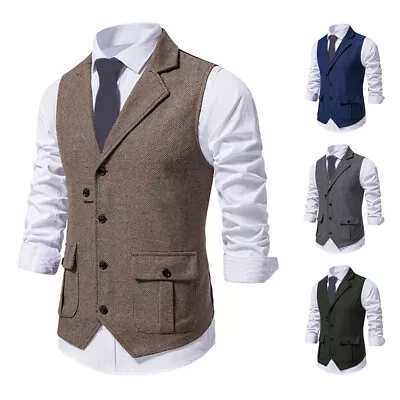 Men's Tweed Lapel Vest Jacket Herringbone Waistcoat Mens Formal Sleeveless To ^ • $9.43