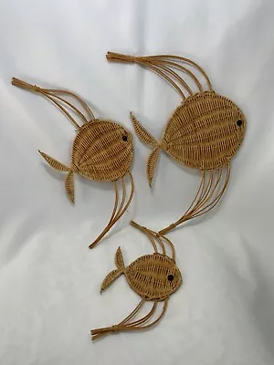 Vintage Wicker Rattan Fish Wall Hanging Set Of 3 Graduated MCM Natural Beach • $26.80