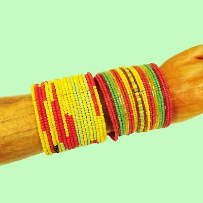 $11.99 • Buy Set Of 2 WIDE Rasta Colors Bling Boho Cuff Handmade Bracelets Bali Seed Bead