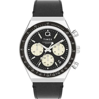 Timex Men's Watch Q Chronograph Black Leather Strap TW2V42700 • $199