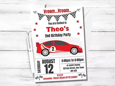 Red Racing Car PERSONALISED Invitations - Boys/Girls Birthday Party Invites • £6.45