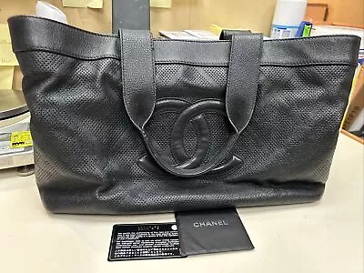 Chanel CC Logo Black Leather Large Tote Handbag Vintage • $1595