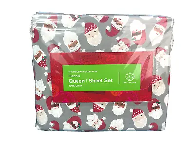 Martha Stewart 100% Cotton Flannel 4 Piece Sheet Set Dear Santa Heads Queen $95 • $55.24