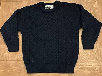 Vintage Arancrafts Navy Blue Irish Wool Cable Knit Crew Neck Sweater Size XL EUC • $49.99