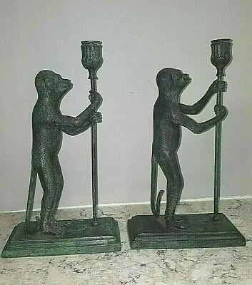 Maitland Smith Bronze Pair Monkey Torch Candlesticks Candle Holders 13in Labeled • $149