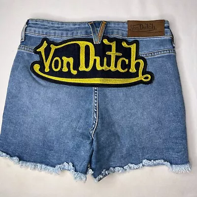 Women Von Dutch Large Logo Patch Denim Short Shorts Size 26 Y2K Rare NOS Vintage • $99.97