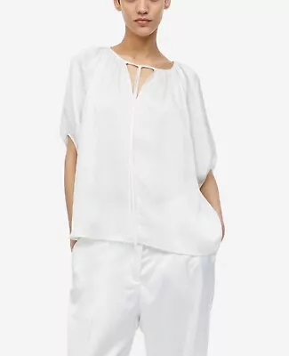 H&M $26 Oversized White Satin Tie Top Puffy Sleeve Blouse Sz XL • $14.30