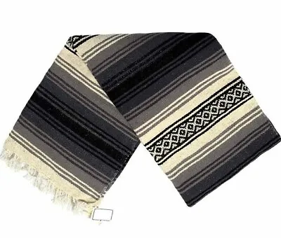 Mexican Blanket Vintage Style Stripes 100% WOOL Black Grey Thick Native Serape • $49.95