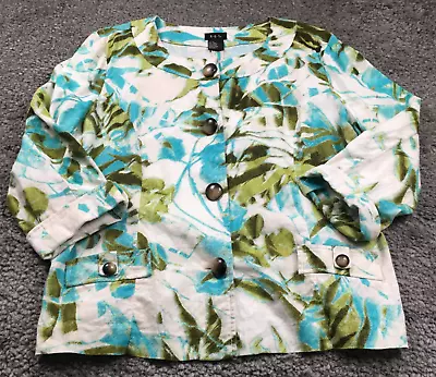 R.Q.T Womens Linen Blend Top Size XL Green Floral Button-Up Roll Tab Sleeves • $20.89