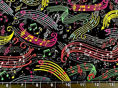 Tina Scrap 9 X21  Rainbow Colorful Music Musical Notes Swirl Black Cotton Fabric • $2.99