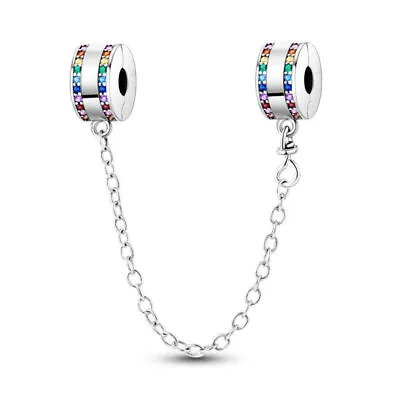 Double Rainbow Crystal Clip Safety Chain Charm Sterling Silver 925 Bead Gift • £13.99