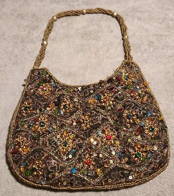 Vintage Art Deco Style Beaded Purse Metallic Gold Embroidery - Colorful STUNNING • $34.99