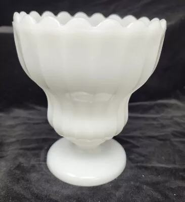 VTG Milk Glass Scalloped Ribbed Pedestal Planter Vase Round Bottom Cottage Core • $21.99