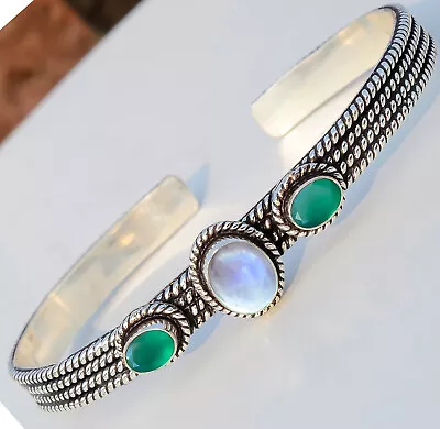 Moonstone Green Onyx Gemstone Bracelet 925 Sterling Silver Woman's Party Bangle • $23.90