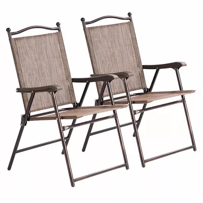 Set Of 2 Patio Folding Sling Back Chairs Camping Deck Garden Beach Brown • $79.98