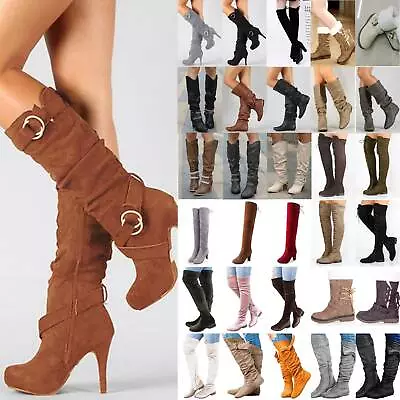 Women Knee High Boots Flats / Block Over Knee Thigh High Heel Booties Shoes AU • $59.08