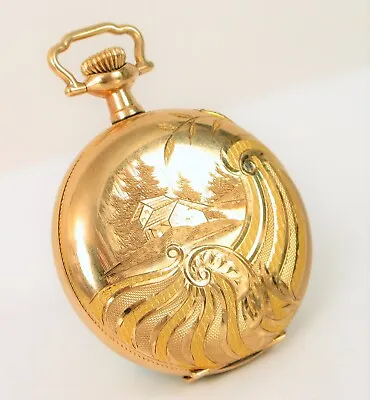 Vintage Beautiful Hampden Yellow Gold Filled Case Ornate Engraving Pocket Watch • $295