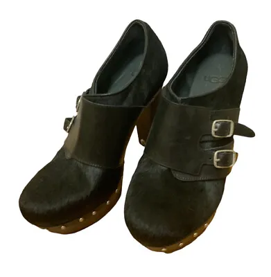 UGG Illana Black Calf Hair High Heel Wood Clog Booties 9.5  Women's • $85
