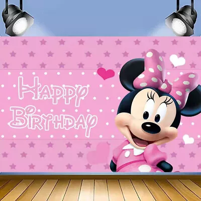 Pink Minnie Mouse Birthday Backdrop Photograph Background Party Banner Supplies • $10.07
