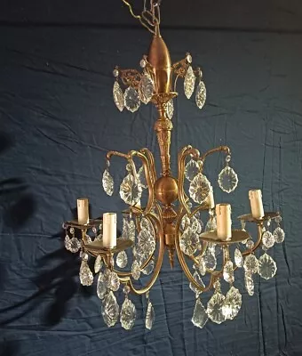 Antique Vintage Bronze Chandelier 6 Light Elaborate Crystals Rare • $215