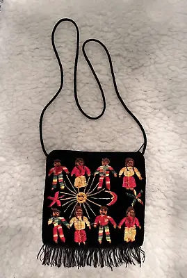 Vintage Embroidered Peruvian Crossbody Cloth Purse Smiling Kids Sun Moon Fringe • $13.50