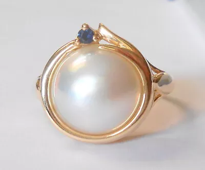 Beautiful Large 12mm Mabe Pearl Blue Spinel Accent 14K Yellow Gold Ring Size 10 • $399