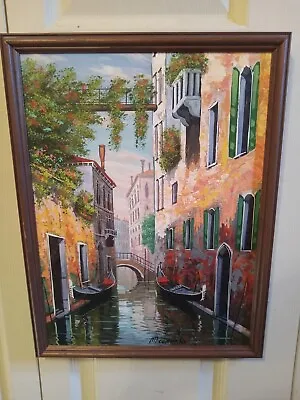 Vintage Oil On Canvas Venice Cityscape Canal Painting Signed Claudio 17  X 13  • $59