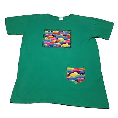 Vintage 90s Dolphins T-Shirt Women’s XXL Hipster Beach Rainbow Green Night Top • $12.99