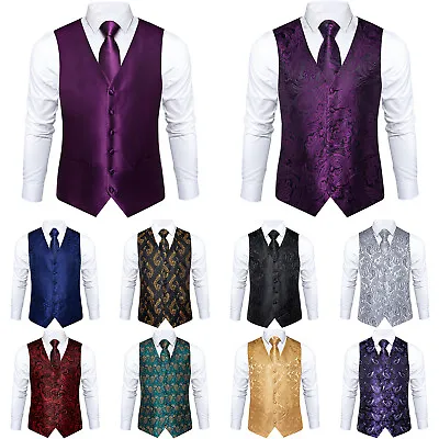 DiBanGu Mens Dark Blue Gold Floral Silk Vest Smart Designer Waistcoat Tuxedo • $41.65