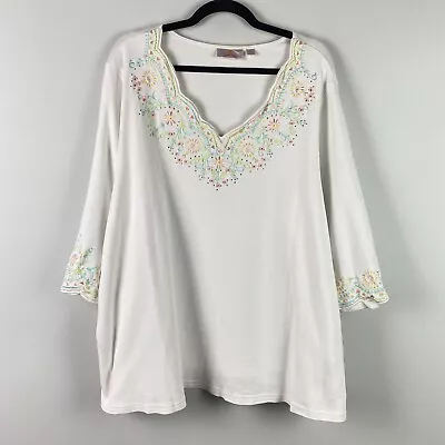 Quacker Factory Top Size 3X Floral Embroidered Embellished 3/4 Sleeves White • $17.95