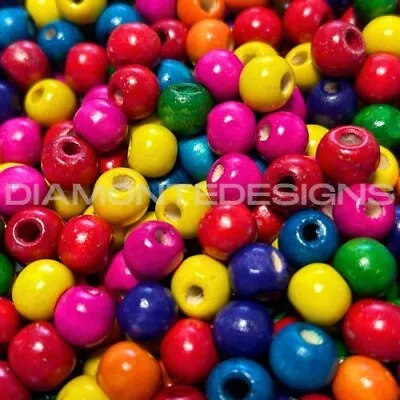 250 Pcs -  10mm X 9mm Mix Colour Round Wooden Beads Jewellery Kids Children K6 • £2.99