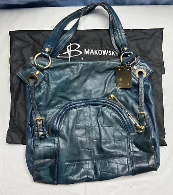 B Makowsky Women Denim Leather Zipper Shoulder Exterior Pocket Handbag Blue • $49