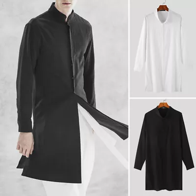 Fashion Men Muslim Collared Long Sleeve Tops Middle East Buttons Up Shirt Kaftan • $24.46