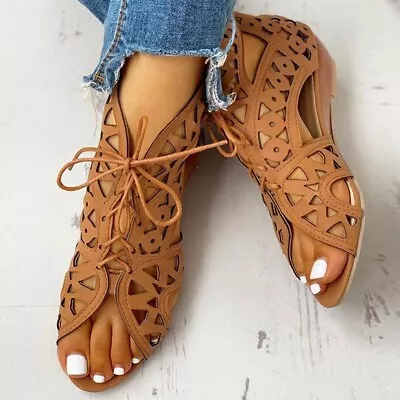 Womens Casual Roman Peep Toe Hollow Out Sandals Beach Summer Lace Up Shoes Size • $29.92