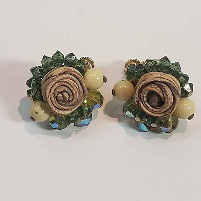 Vendome Green Crystal Bead Sculpted Clay Cluster Floral Clip Earrings • $32