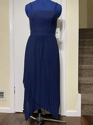 Aidan Mattox Navy Pleated Asymmetric Midi Dress Size 2 • $120