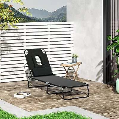 Sun Lounger Folding Recliner Chair Portable Reclining Garden Seat Bed Black • £26.99