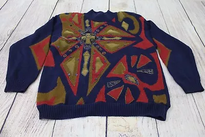 VTG 90s I.B. Diffusion Embellished Abstract Art Blue Knit Sweater Women's Small • $19.99