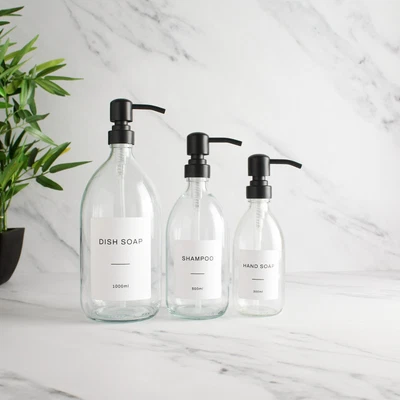 £8.99 • Buy Clear Glass Labelled Refillable Bottle With Metal Matte Black Pump Dispenser