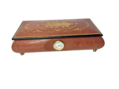 REUGE Intarsitalia ITALY JEWELRY MUSIC BOX Flower Inlaid Wood Quartz Clock VIDEO • $89.99