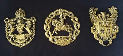 Coat Of Arms & Shields. Vintage Golden Brass Medieval Crests. Set Of 3 Accents. • $87