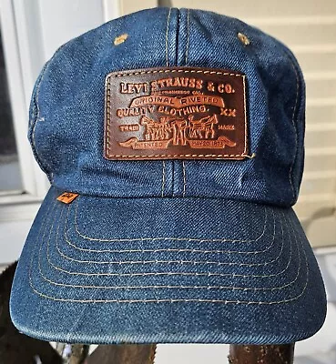 Vintage Levi Strauss Orange Tag Denim Trucker Hat.. 1970s Blue & Leather Patch  • $88