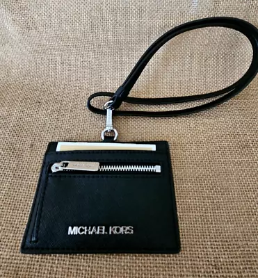 New Michael Kors Jet Set Travel Black Saffiano Leather Card Case Lanyard • $35.99