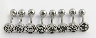 Surgical Steel Logo Tongue Bars 1.6m Straight Barbell Disc Balls Body Jewellery • £2.99