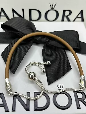 $11.32 • Buy Genuine Pandora Silver Moments Brown Leather Charm Slider Bracelet