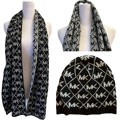 Michael Kors Knit MK Logo Reversible Scarf And Hat Set Black Silver Logo • $16.99