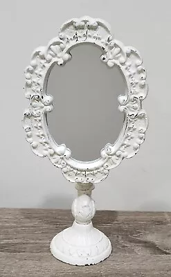 White Cast Iron Distressed Table Top Dresser Oval Stem Mirror 10” Powder Room  • $34.99