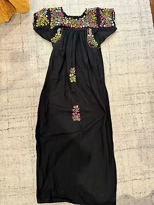 1970s Black Oaxacan Mexican Huipil Dress Embroidered Maxi Cotton Boho Vintage • $139.99