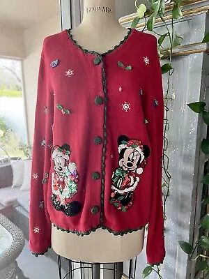 Walt Disney World Vintage Cardigan Sweater L Mickey Minnie Sequin Ugly Christmas • $79.99